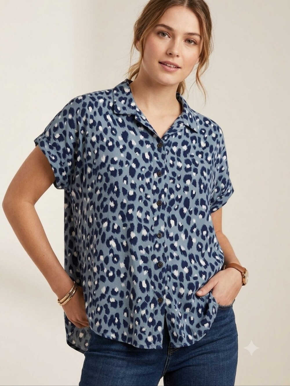 Alexander Jordan Blue Leopard Print Button Down Blouse - Large